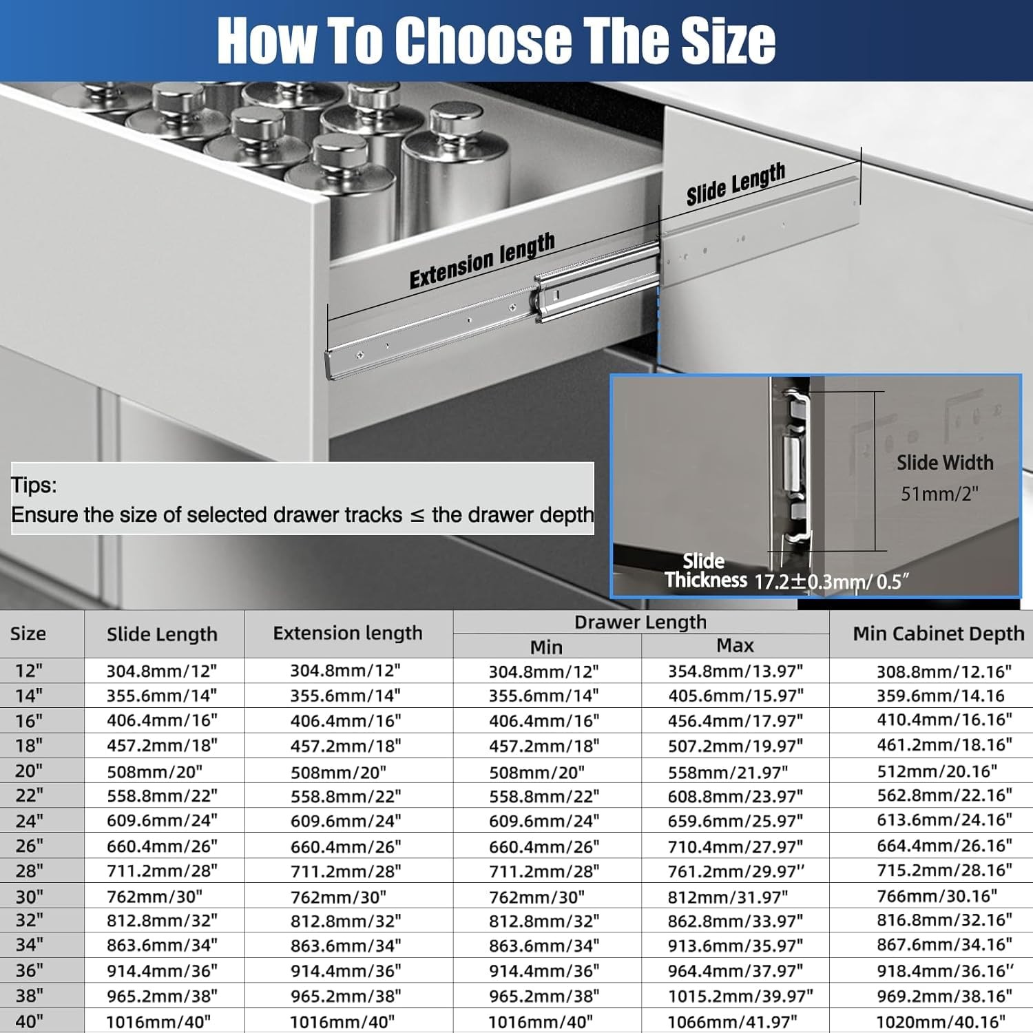 VITERLYNX Heavy Duty Drawer Slides 22 Inch Full Extension Ball Bearing Rails 200