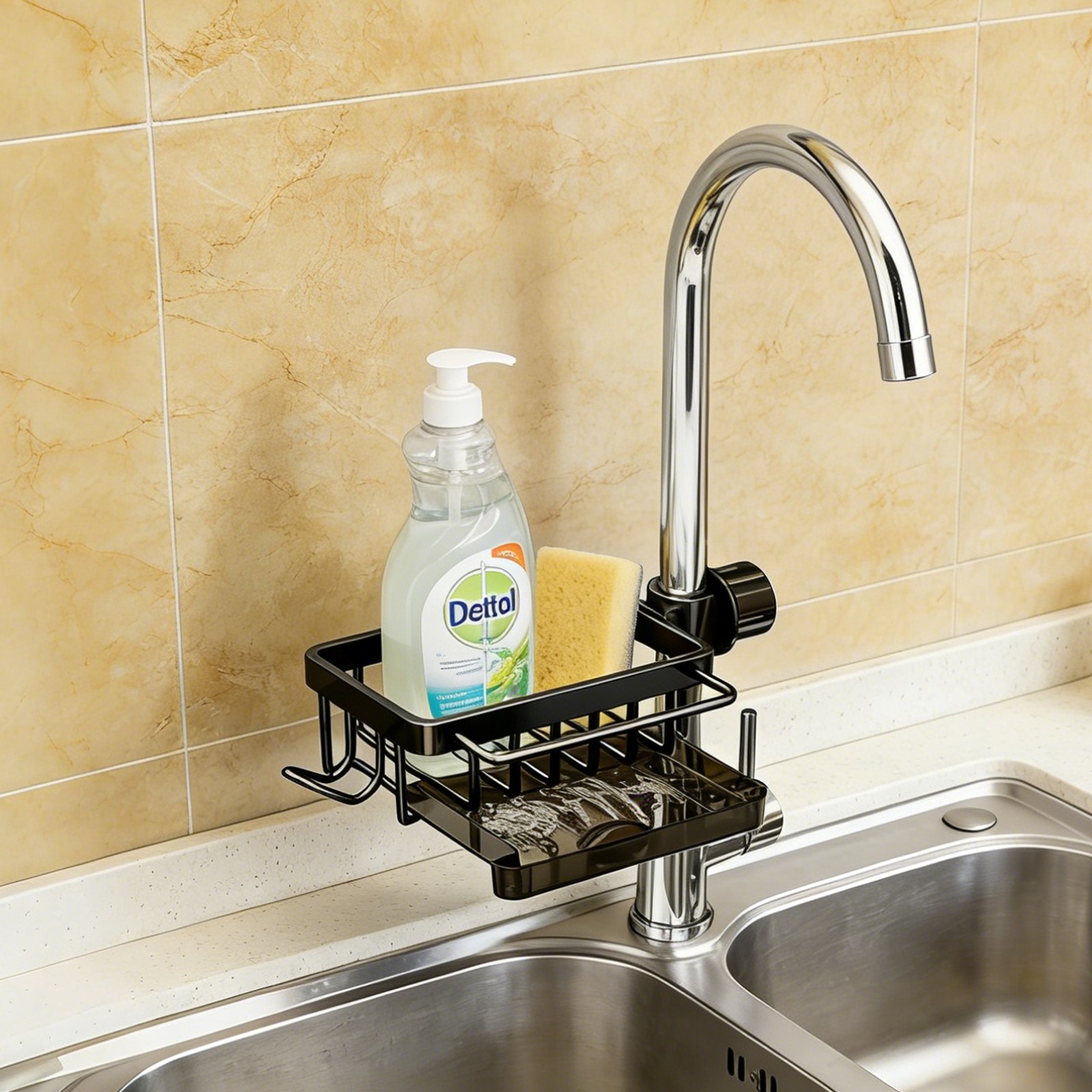 Sink Organizer Rack, Detachable Hanging Faucet Drain Rack with Drip Tray