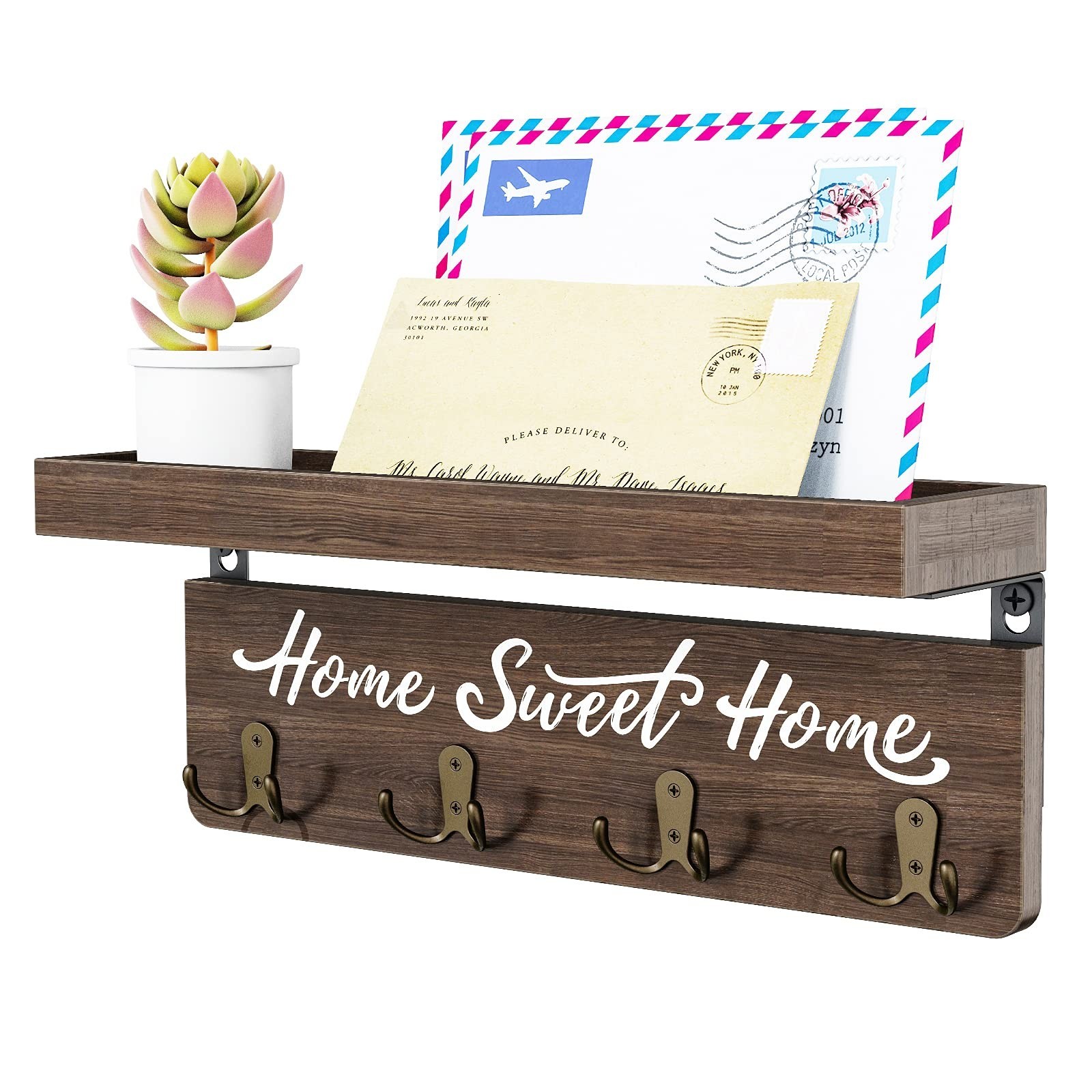 buways Wall-Mounted Key and Mail Holder, Wooden Key Rack with 4 Double Key Ho...
