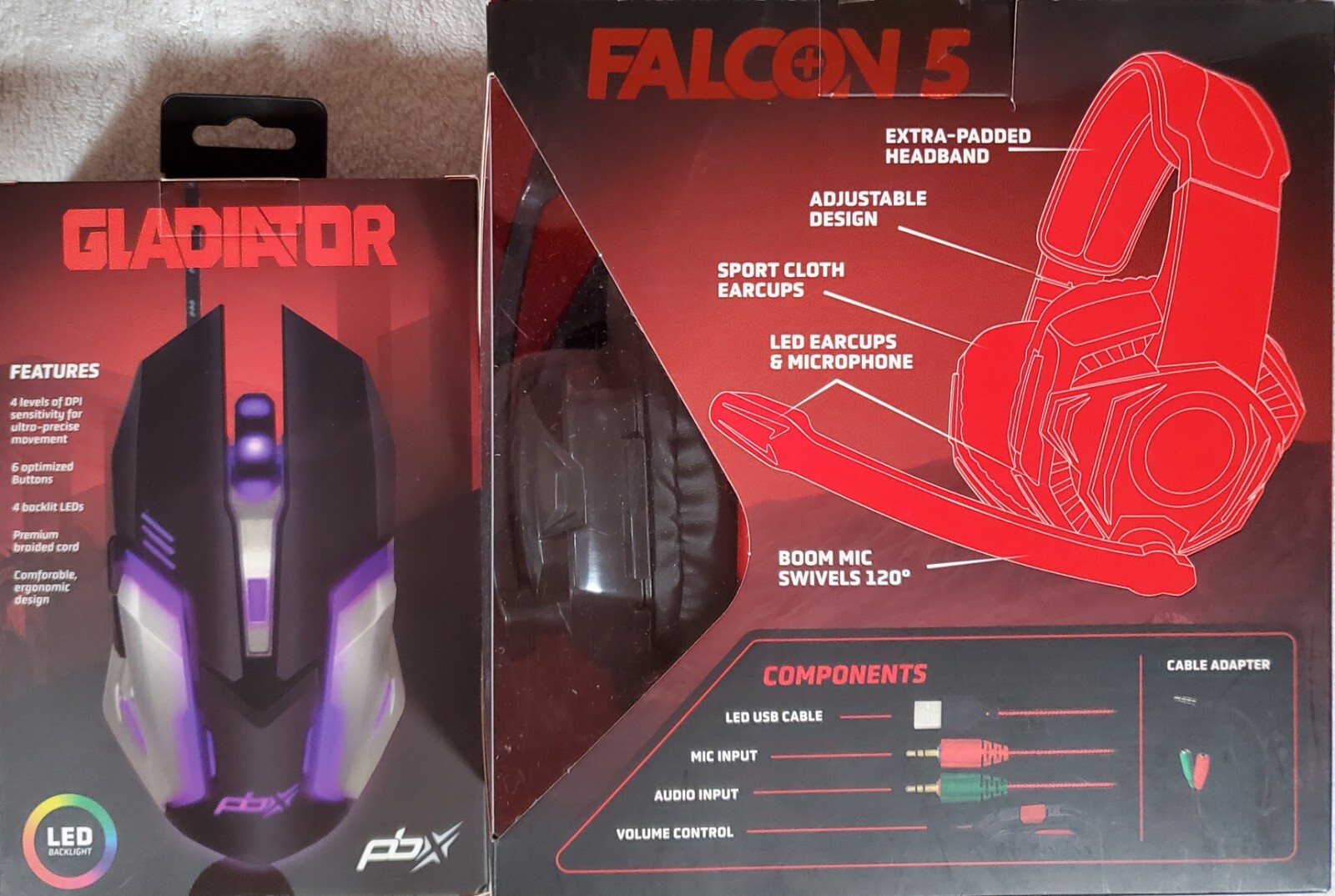 PBX Falcon 5 Elite Gaming Headset and Gladiator Wired Gaming Mouse Set