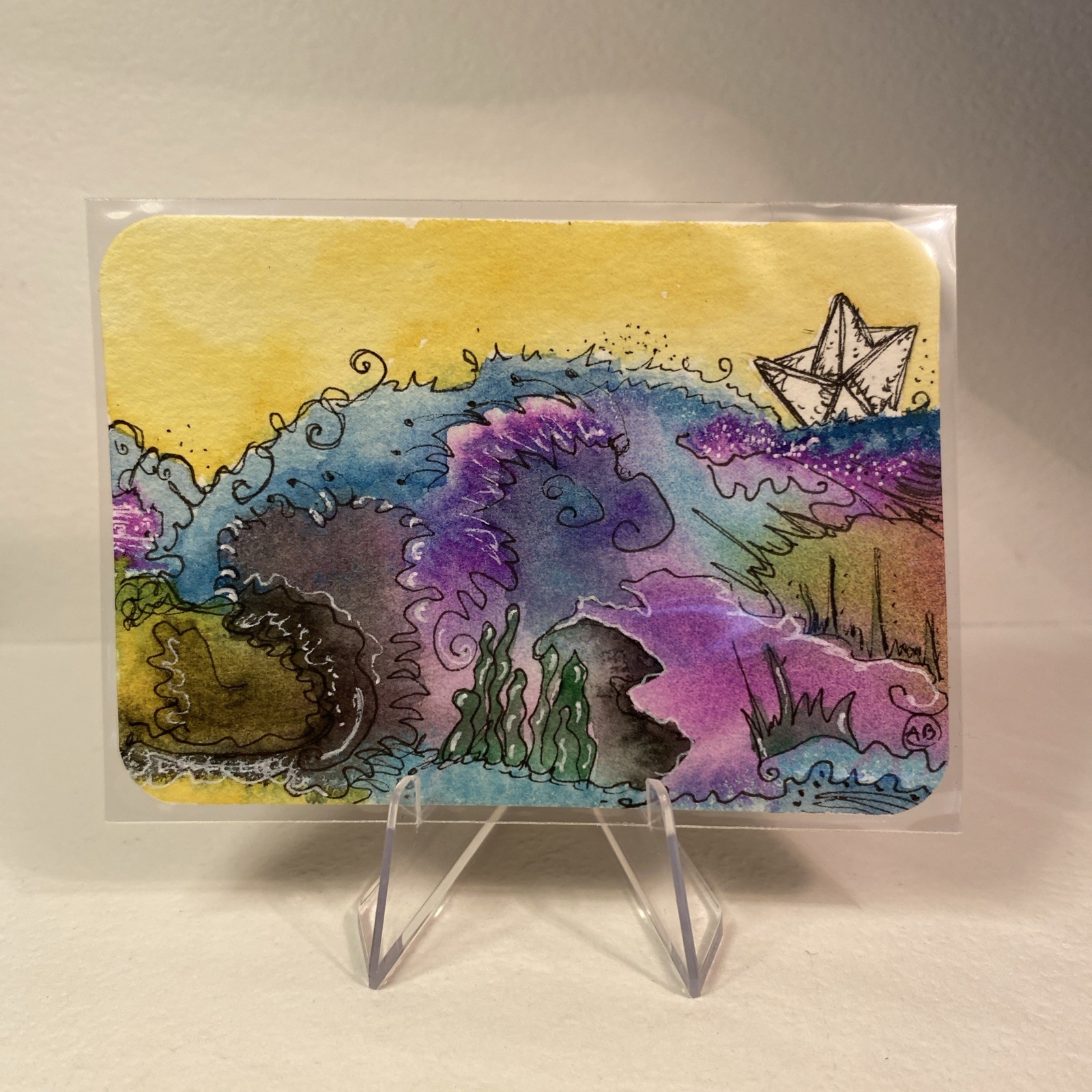 ACEO original Art Cards By Angela Brooker Series: Paper Boat Title: Deep Sea