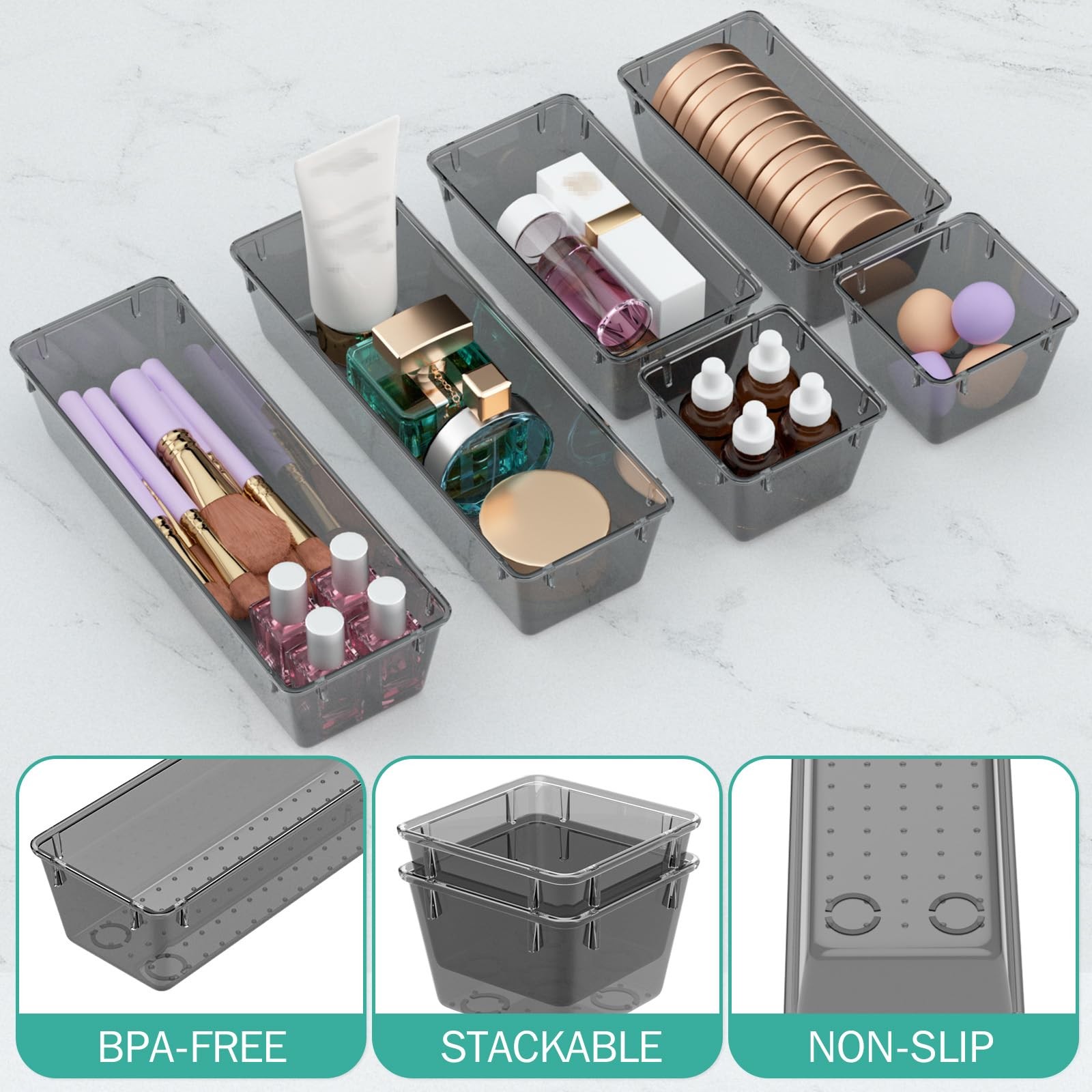 WOWBOX 6~Pack Clear Acrylic Drawer Organizer Trays, Black