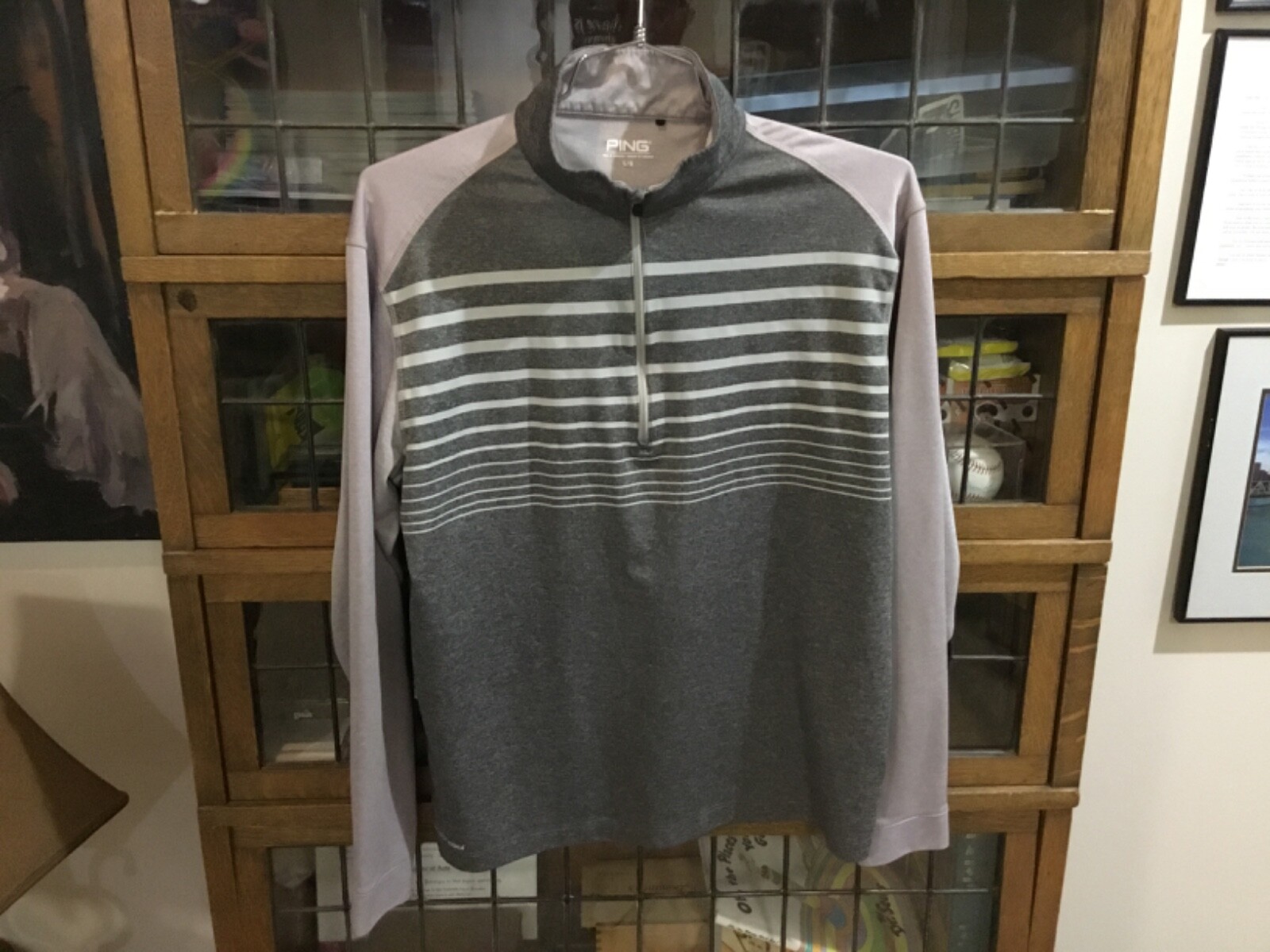 PING Golf 1/4 Zip L/S Lightweight Gray Striped Performance Pullover SZ L - Cool