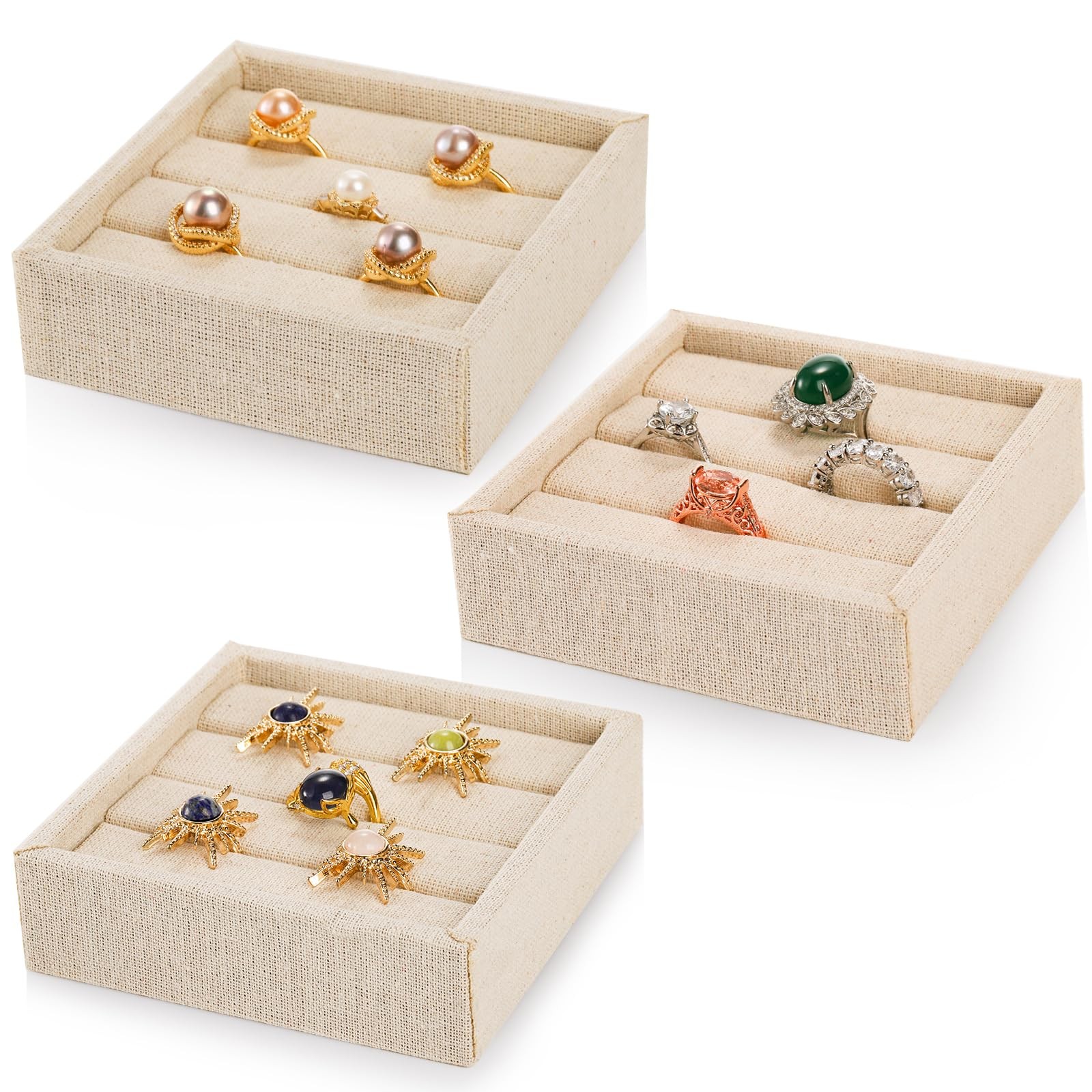 Hedume 3 Pcs Linen 3 Slots Ring Earrings Display 4.1" X 4" X 1.1", natural
