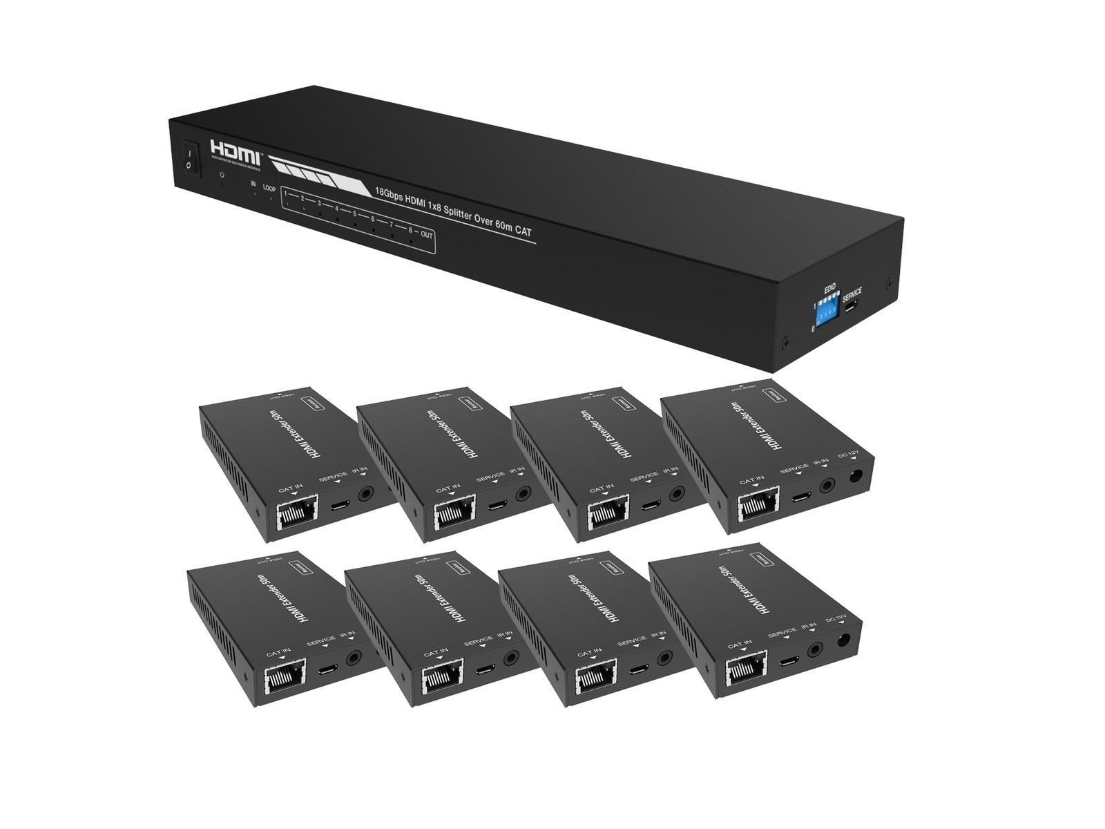 A-NeuVideo ANI-0108POE-AU 1x8 HDMI 4K 18Gbps CAT6 Extender/Splitter/8x Receivers