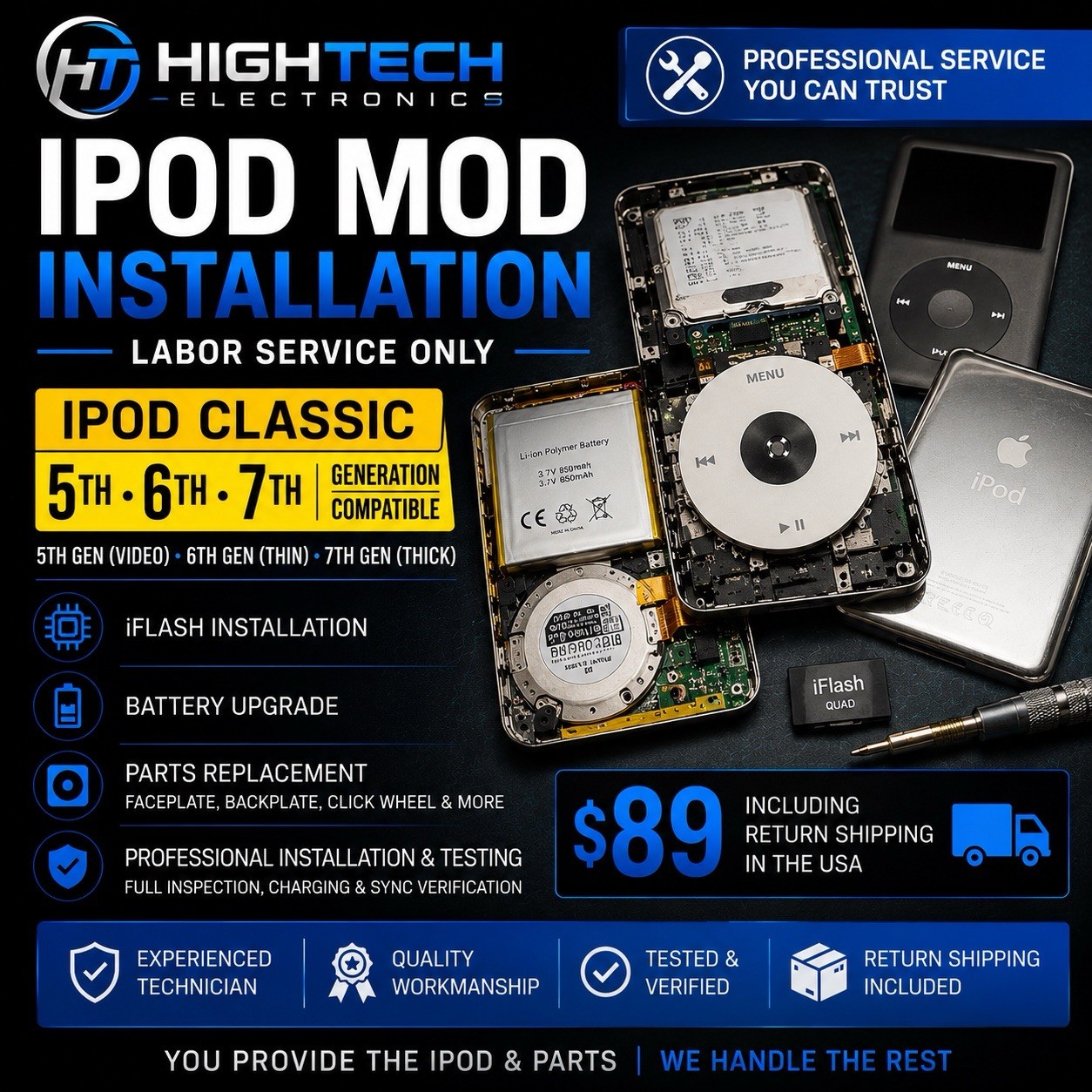 Custom iPod Classic 5th 6th 7th Gen Mod Installation Service Labor Only