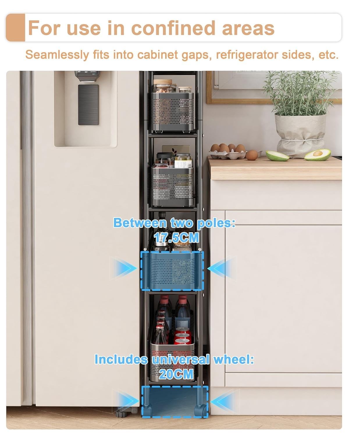 5 Tier Black Mobile Storage Cart with 5 Pull Out Baskets Narrow Shelving Unit