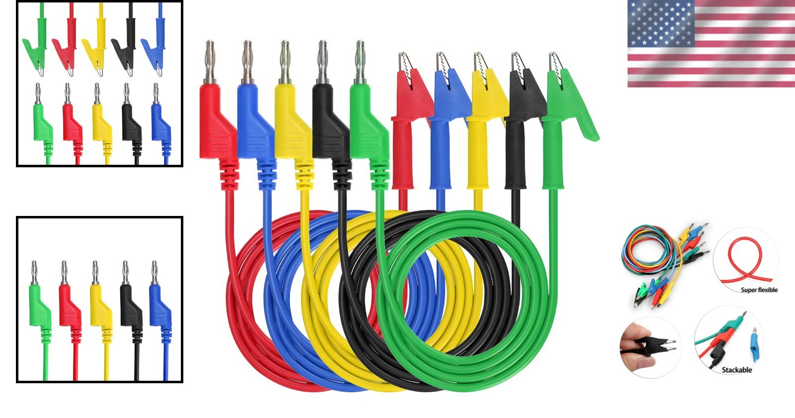Durable 5PCS 4mm Stackable Banana Plug Probes with Strong Alligator Clips