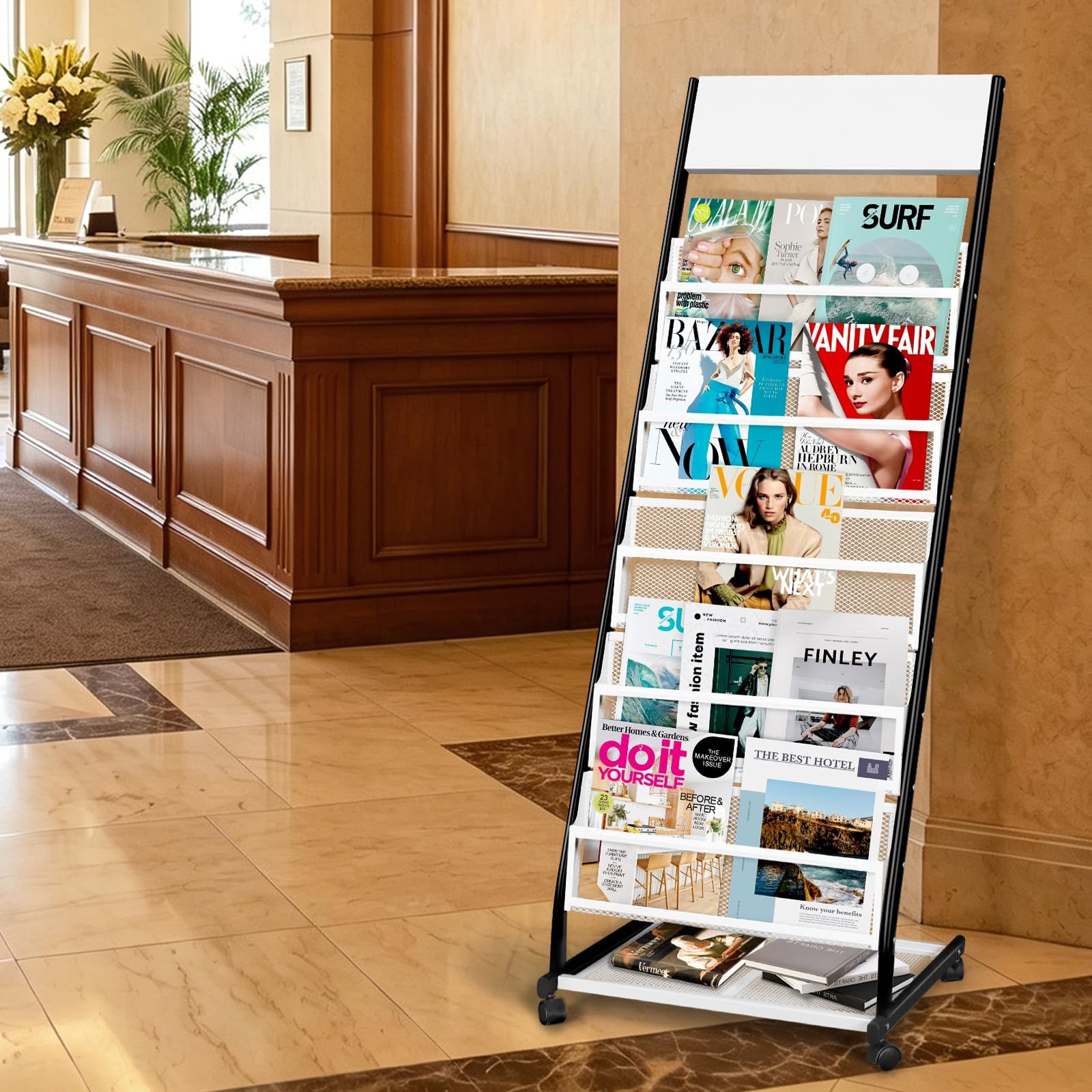Xidihf Floor Standing Magazine Rack 5 Layer Wheels Brochure Display Stand Large