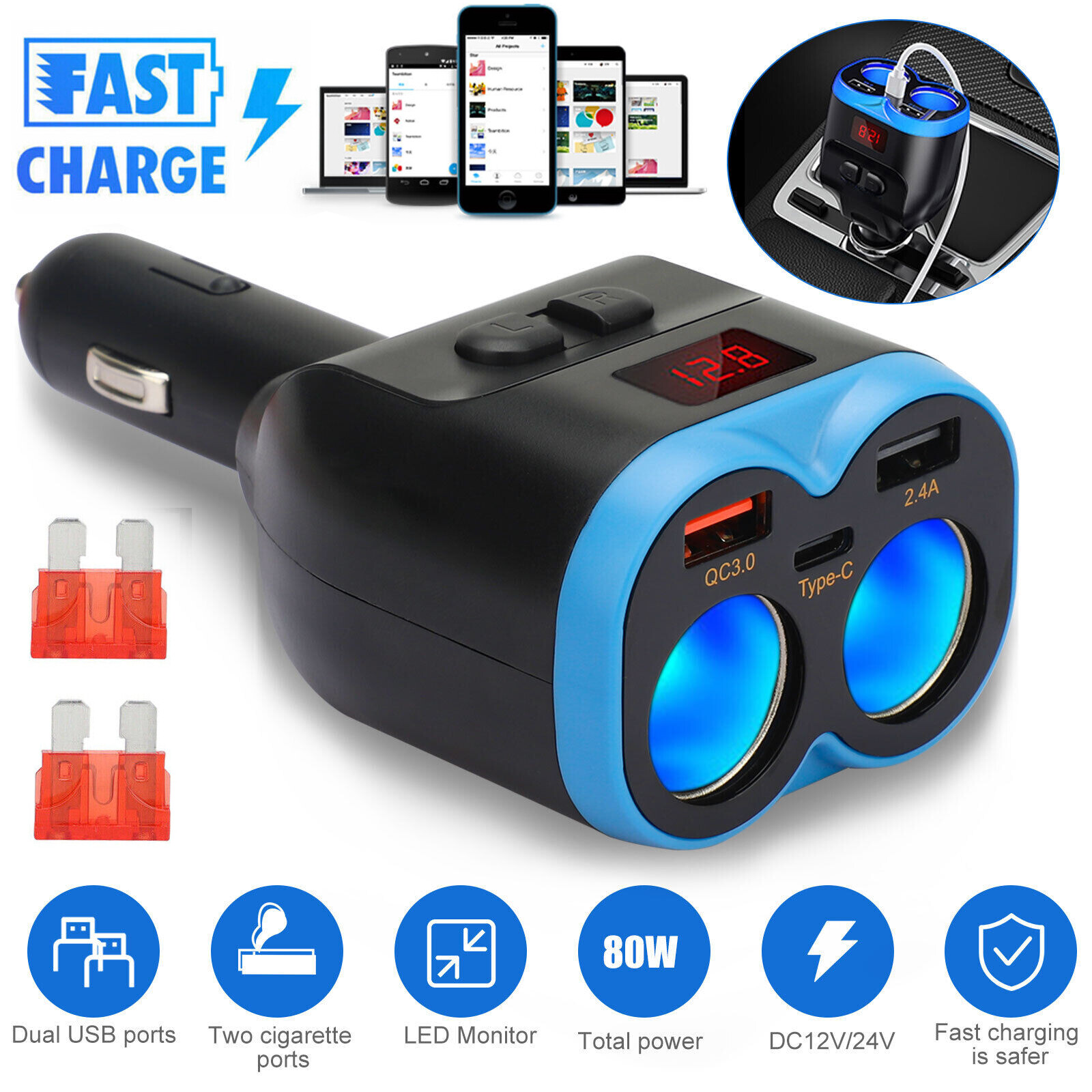 12-24V Car Cigarette Lighter Socket Splitter Dual USB & PD Charger Power Adapter