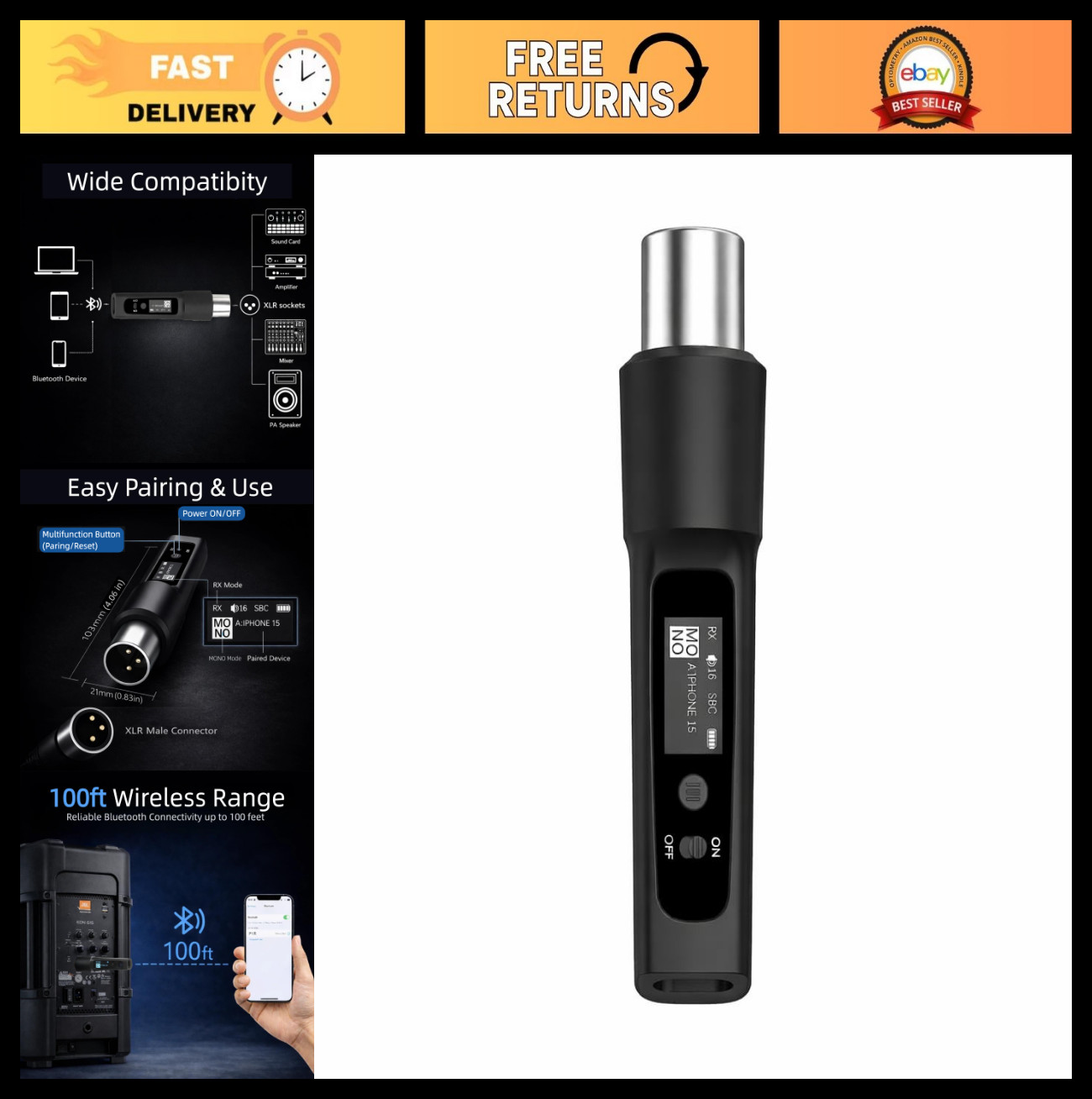 Wireless XLR Bluetooth Receiver, High-Fidelity Audio Adapter for PA Speakers & M