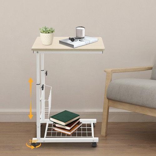 Height Adjustable Side Table With Wheels 2 Tier C Shaped Mobile Standalone Table