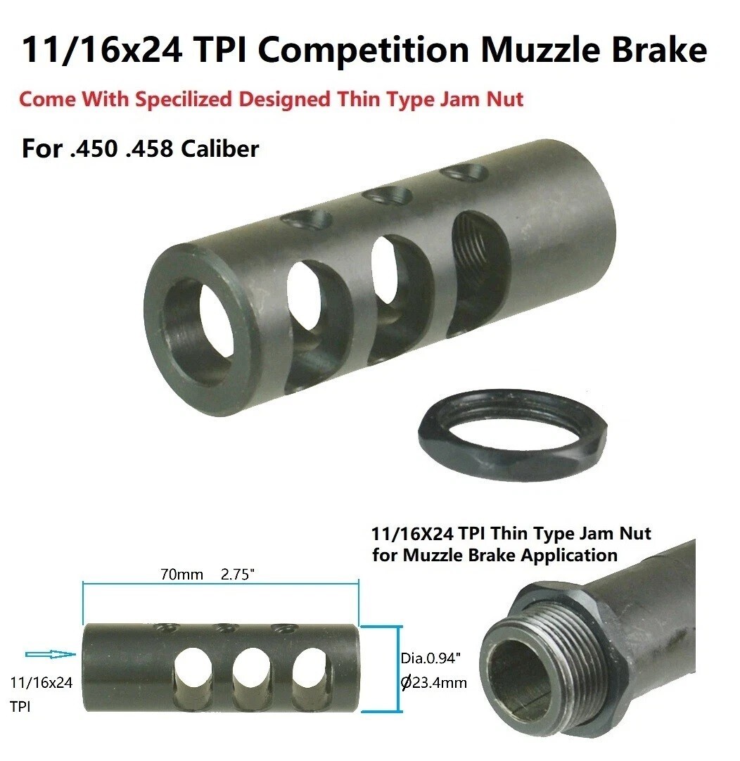 11/16"x24 11/16-24 TPI Competition Steel Muzzle Brake With Thin Type Jam Nut