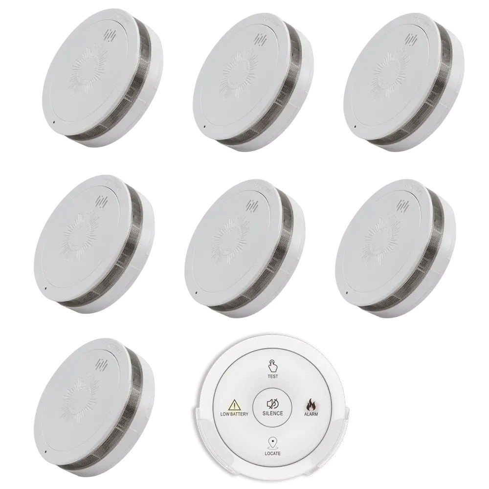 7x Emerald EVO10RF Wireless Interconnected Smoke Alarms 1 x Free Remote - 10 yr
