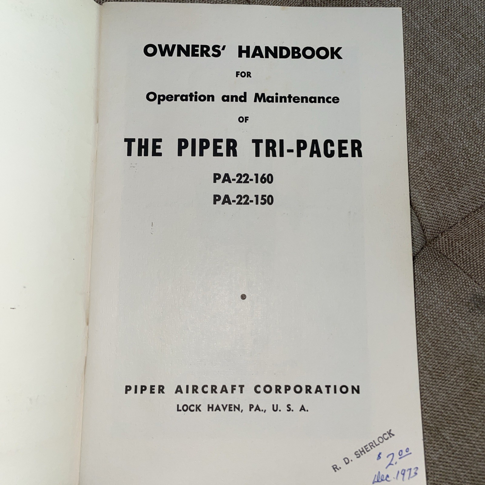 Vintage Piper Pacer / Tri-Pacer / PA-22-160 & 150 Owners Handbook for Operation