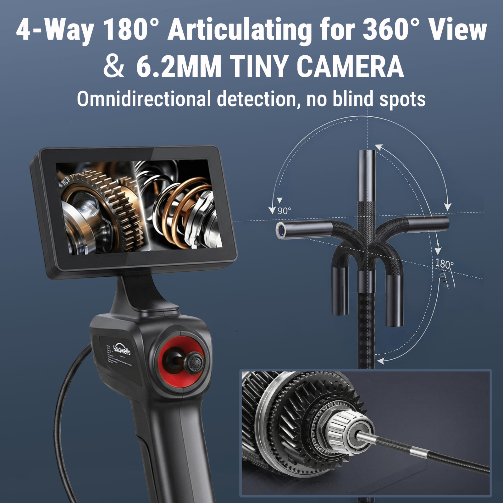 360° Articulating Borescope Camera, 6.2mm Borescope Endoscope with 5" IPS Screen