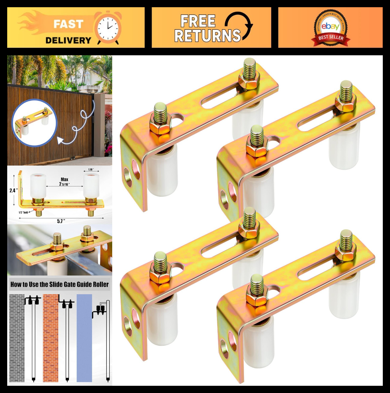 4 Pack Adjustable Slide Gate Guide Roller Kit - Dual Nylon Rollers, Bracket, 2-5