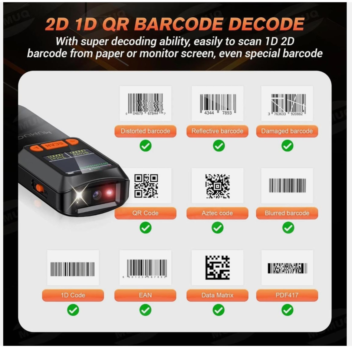 MUMUQ Wireless Barcode Scanner Mini Bluetooth 1d 2d ABS+PC IOS Tablet led CMOS