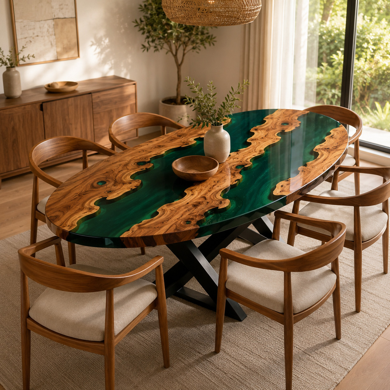 Handmade Live Edge Olive Wood & Emerald Green Epoxy River Oval Dining Table12X24