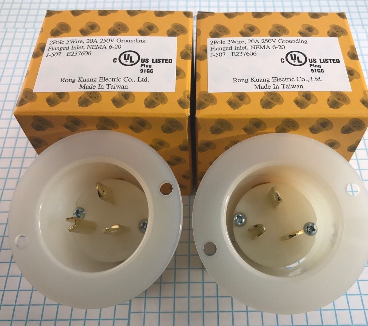 2 units NEMA 6-20 FLANGED INLET, 2 POLE, 3 WIRE, 20A, 250V GROUNDING INLET