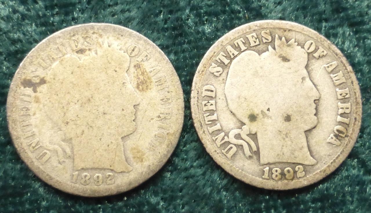 2 Barber Silver Dimes, United States of America 10C Silver Coins, 1892, 1892 O