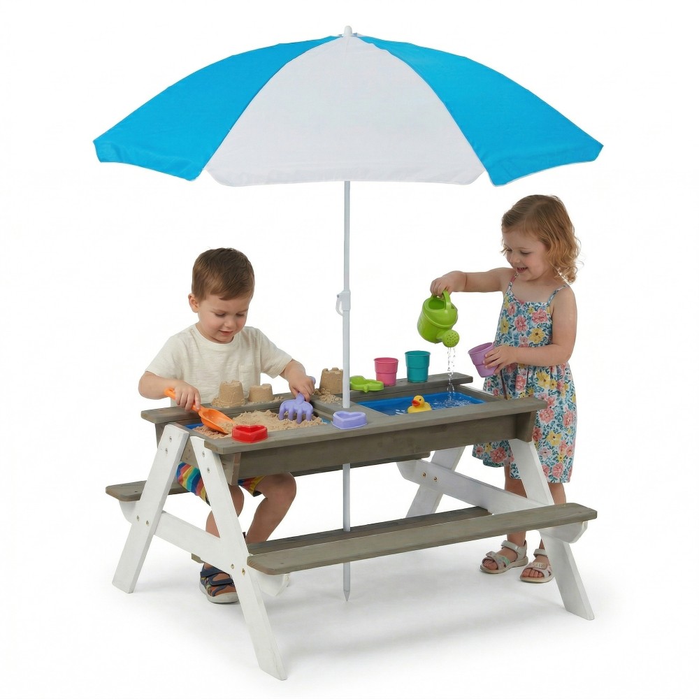 Kids Sand & Water Activity Table with Umbrella, Convertible Picnic Table