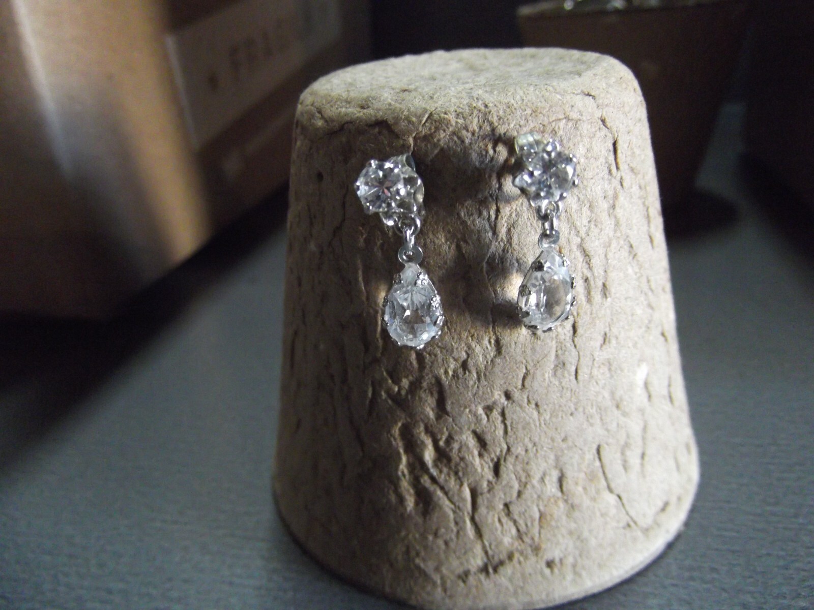1 Pair Old .75"in White Glass Sparkly w/ Teardrop Dangle Stud