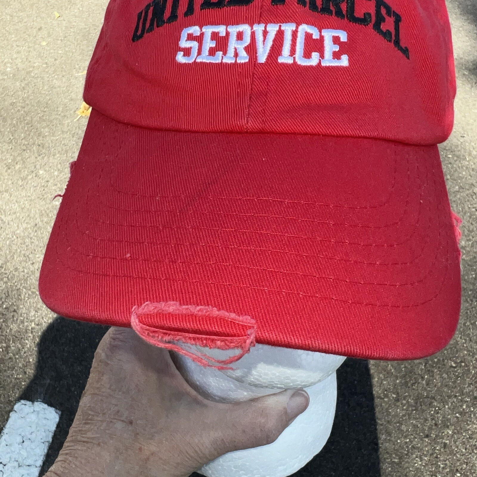 United Parcel Black & White Letters on Red Hat Cap American Flag Hook Loop EUC