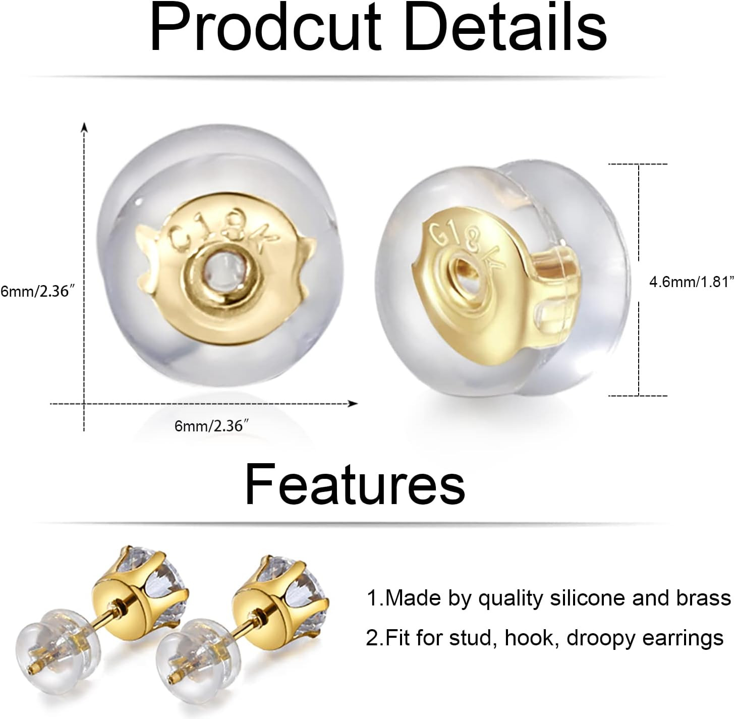 Earring Backs for Droopy Ears, 18K Gold Silicone Earring Backs for Studs Heavy E