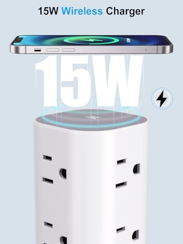 Power Strip Tower with Wireless Charger, Flat 6FT with Wireless Charging White