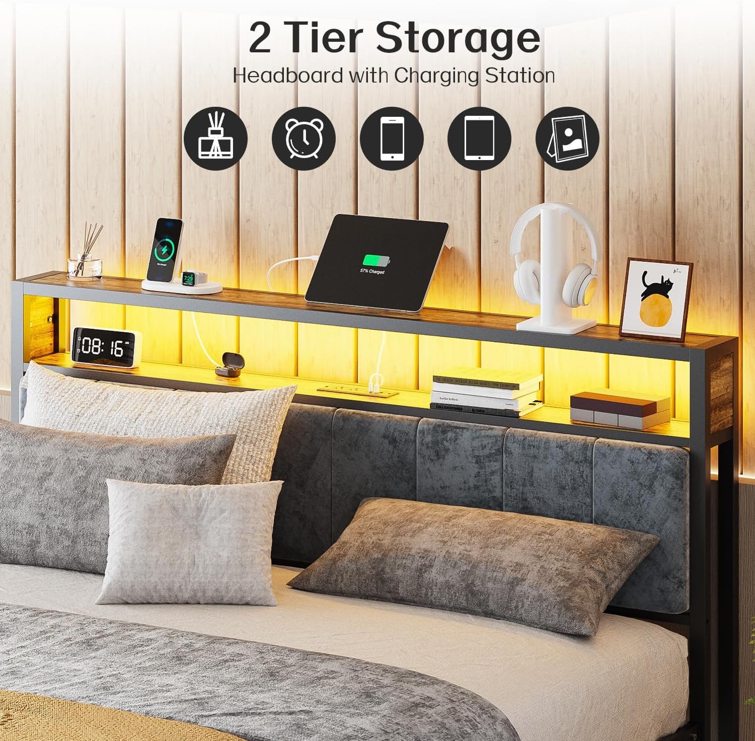 King Bed Frame with Headboard, Metal Platform Bed King Size with 2-Tier Storage,
