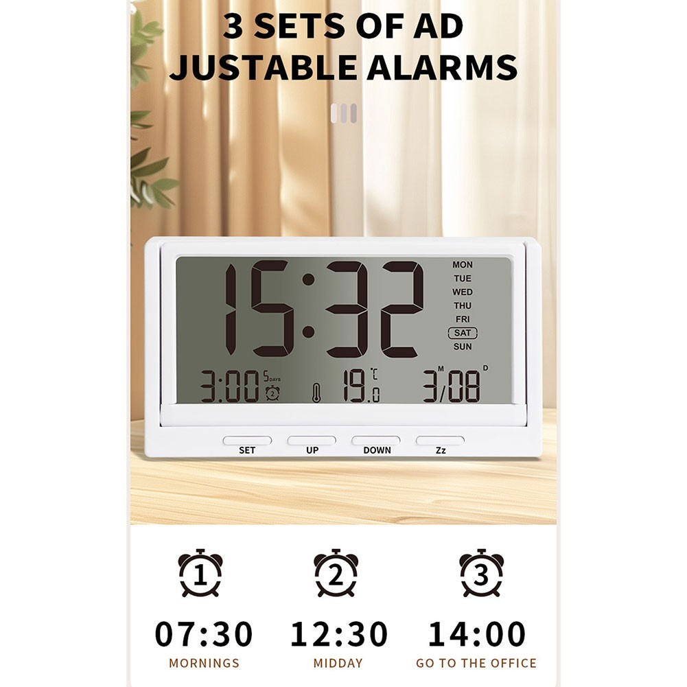 Desktop Digital Alarm Clock with Three Alarms Temperature Date Week Display