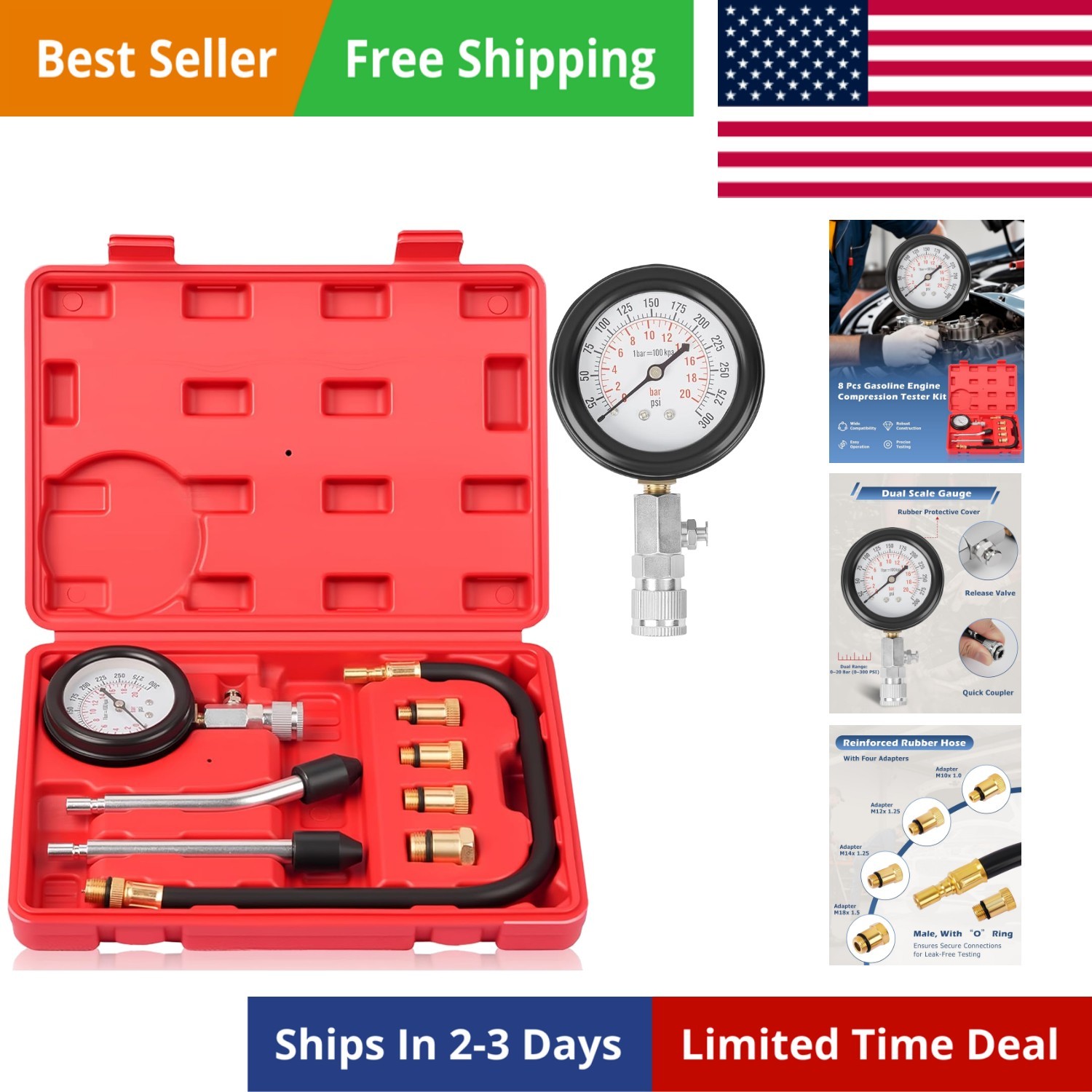 8pcs Professional Petrol Engine Compression Tester Kit Set for Automotives an...