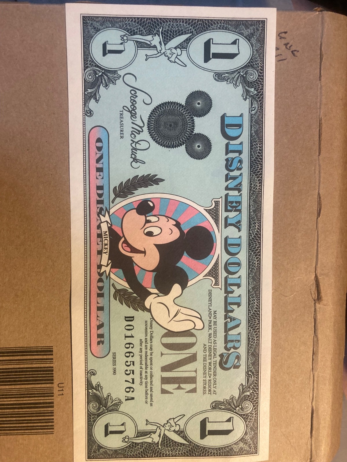 1990-DA Block $1 Mickey Disney Dollars Walt Disney World CU.