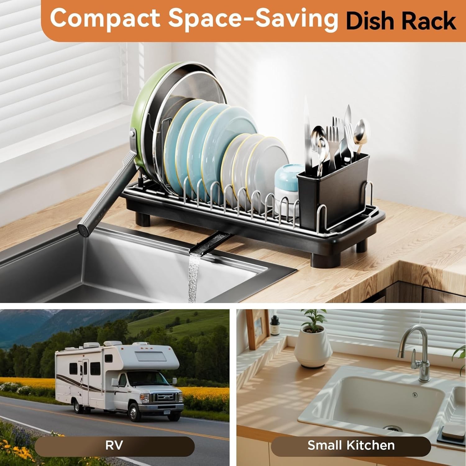 Small Dish Drying Rack, Compact Dish Drainer for Kitchen Counter, with Adjust...