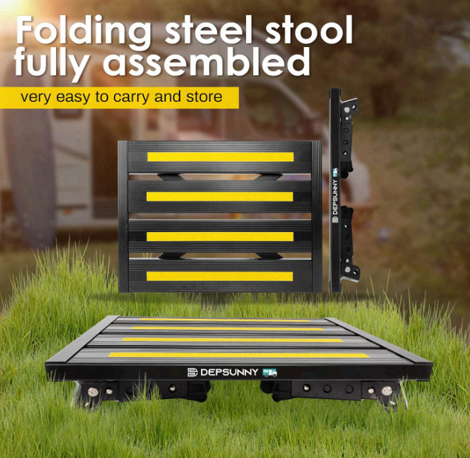 Foldable adjustable RV step, non-slip, supports 1000 lb, portable