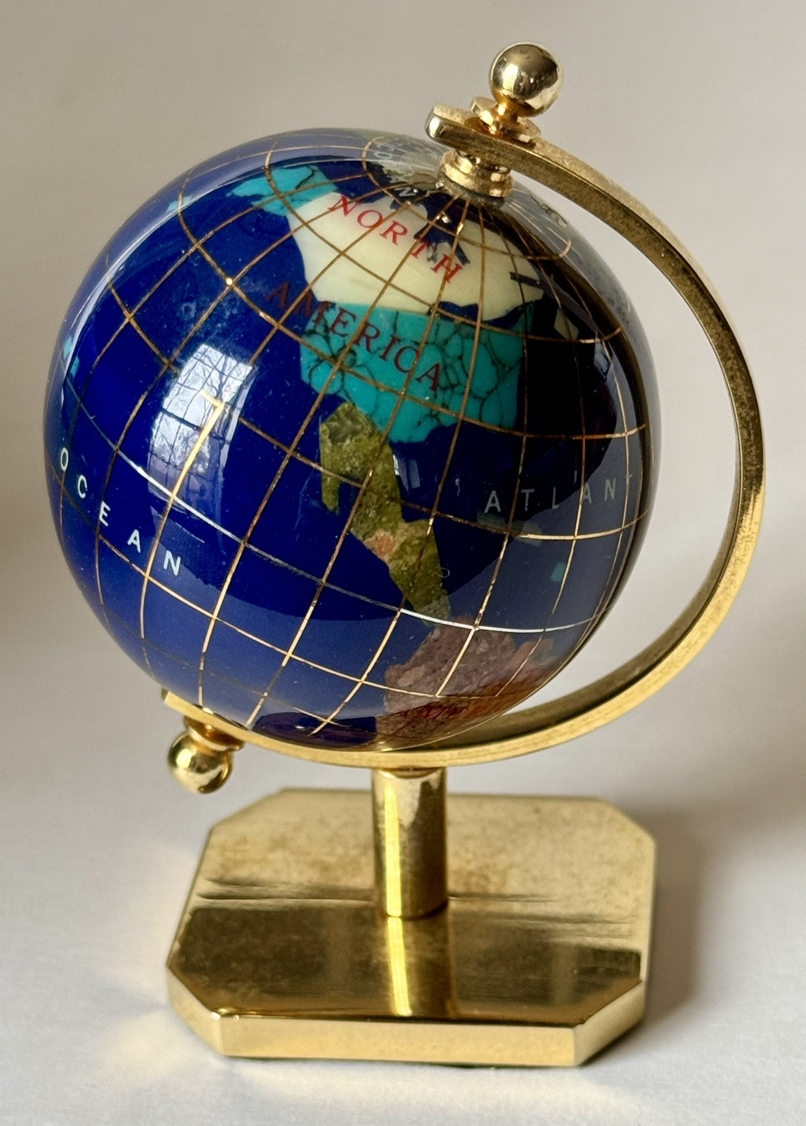 Miniature Desktop Cobalt Blue World Globe with Inlaid Gemstones w/ Stand 3.75