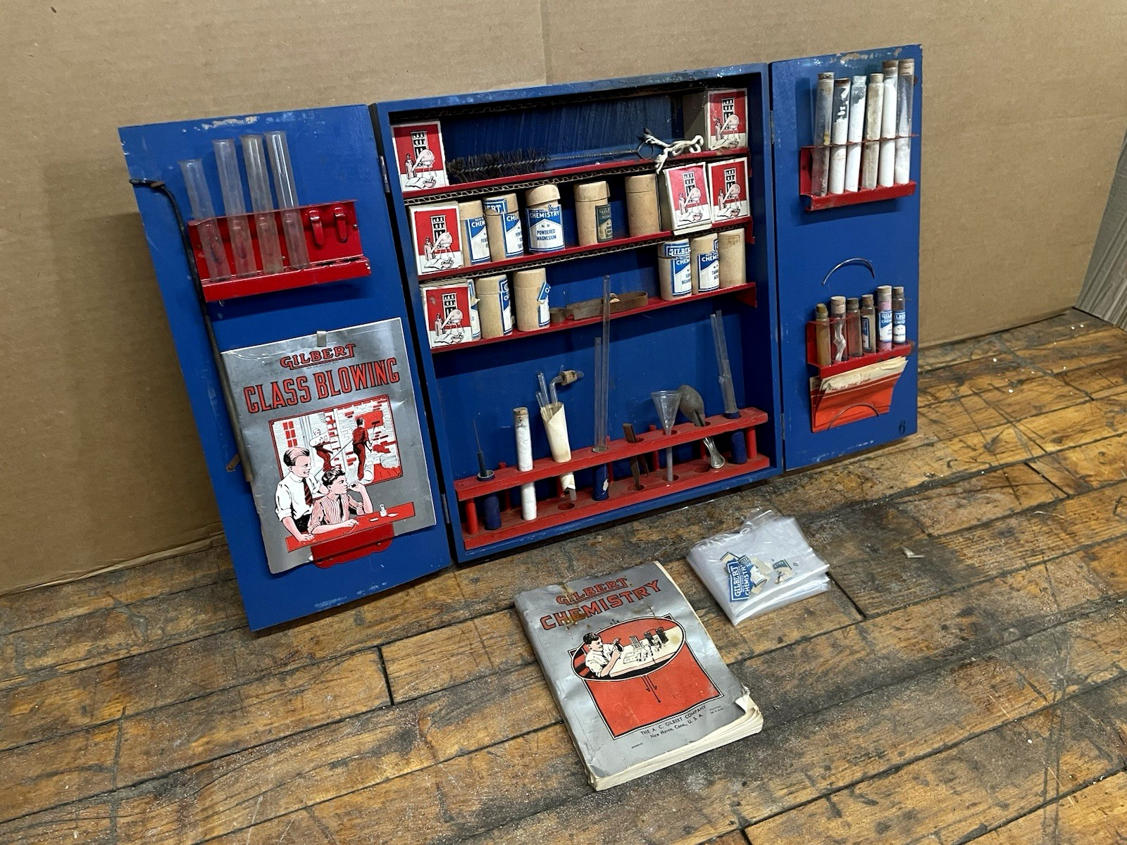 1930's A.C. Gilbert Chemistry Outfit Blue Wooden Box Vintage Science Set