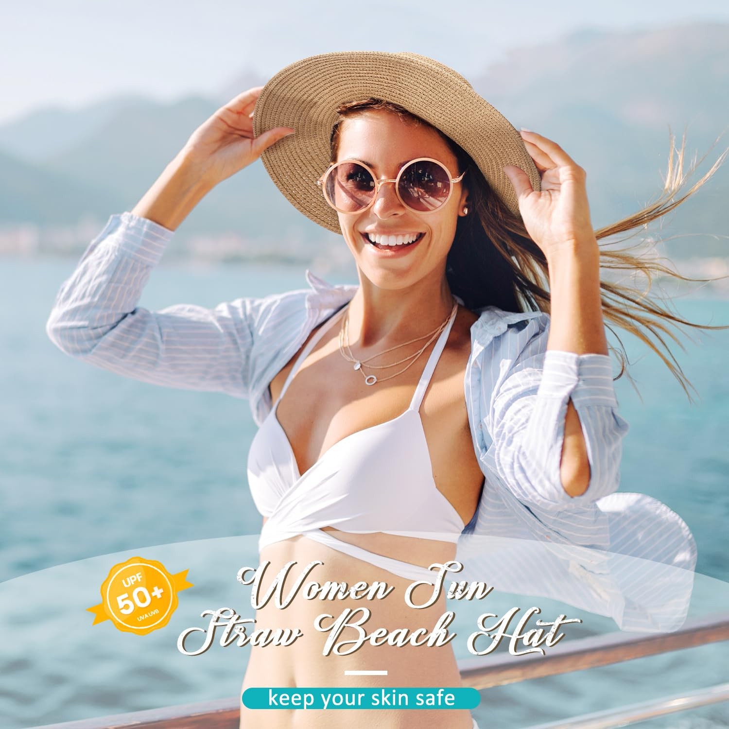 Womens Beach Sun Straw Hat - UV Protection UPF 50+ Sun Hats for Women with Wi...