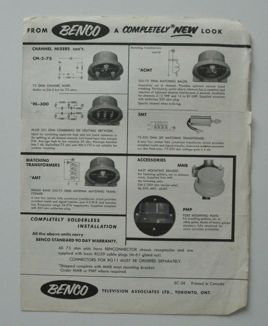 BENCO Television Transformers Splitters Antenna Networks sheet brochure 1956?