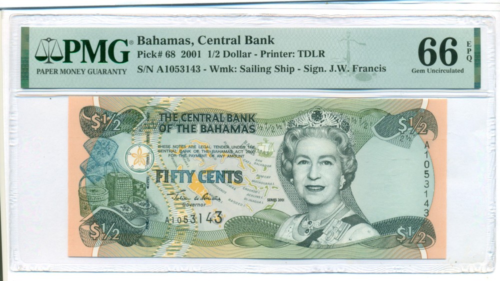 Bahamas Elizabeth II 2001 1/2 Dollar Bank Note Gem Unc 66 PMG