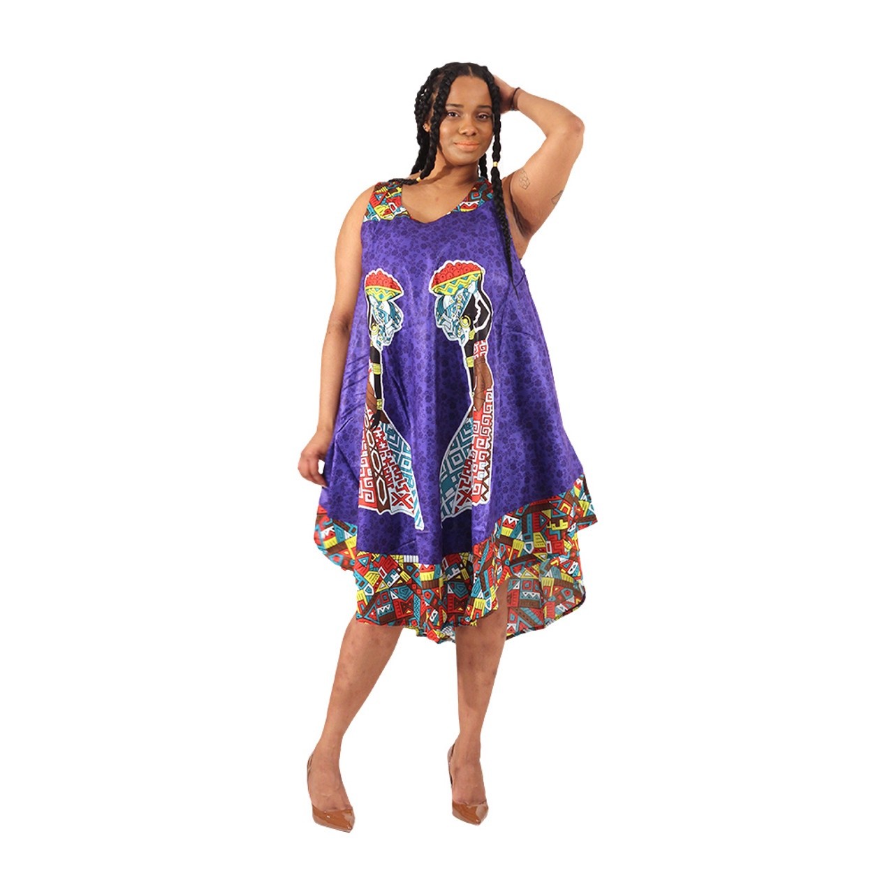 Woman Purple Umbrella Rayon Dress Carrying Fruit.  Made N India.