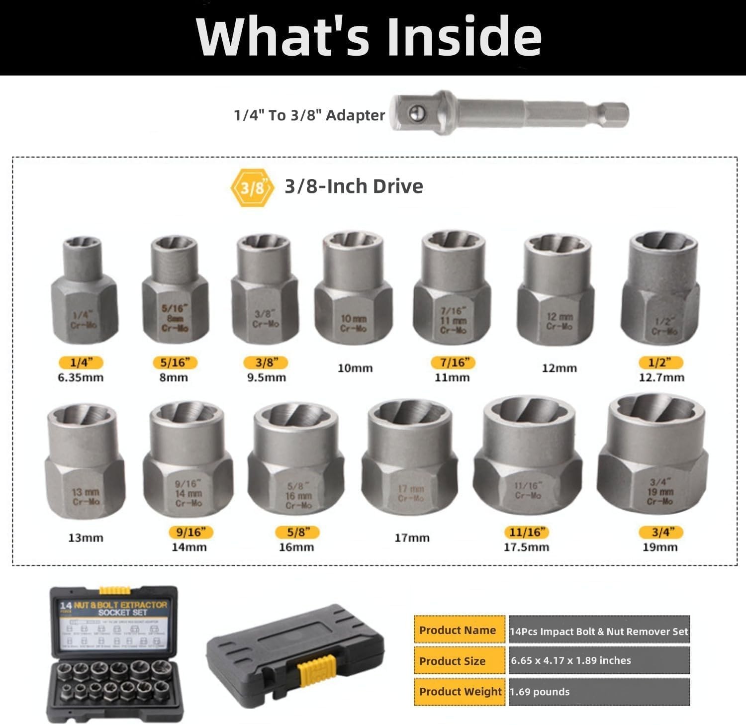 Impact Nut & Bolt Remover Set 3/8" Bolt Extractor Tool Socket Kit With Case 14pc