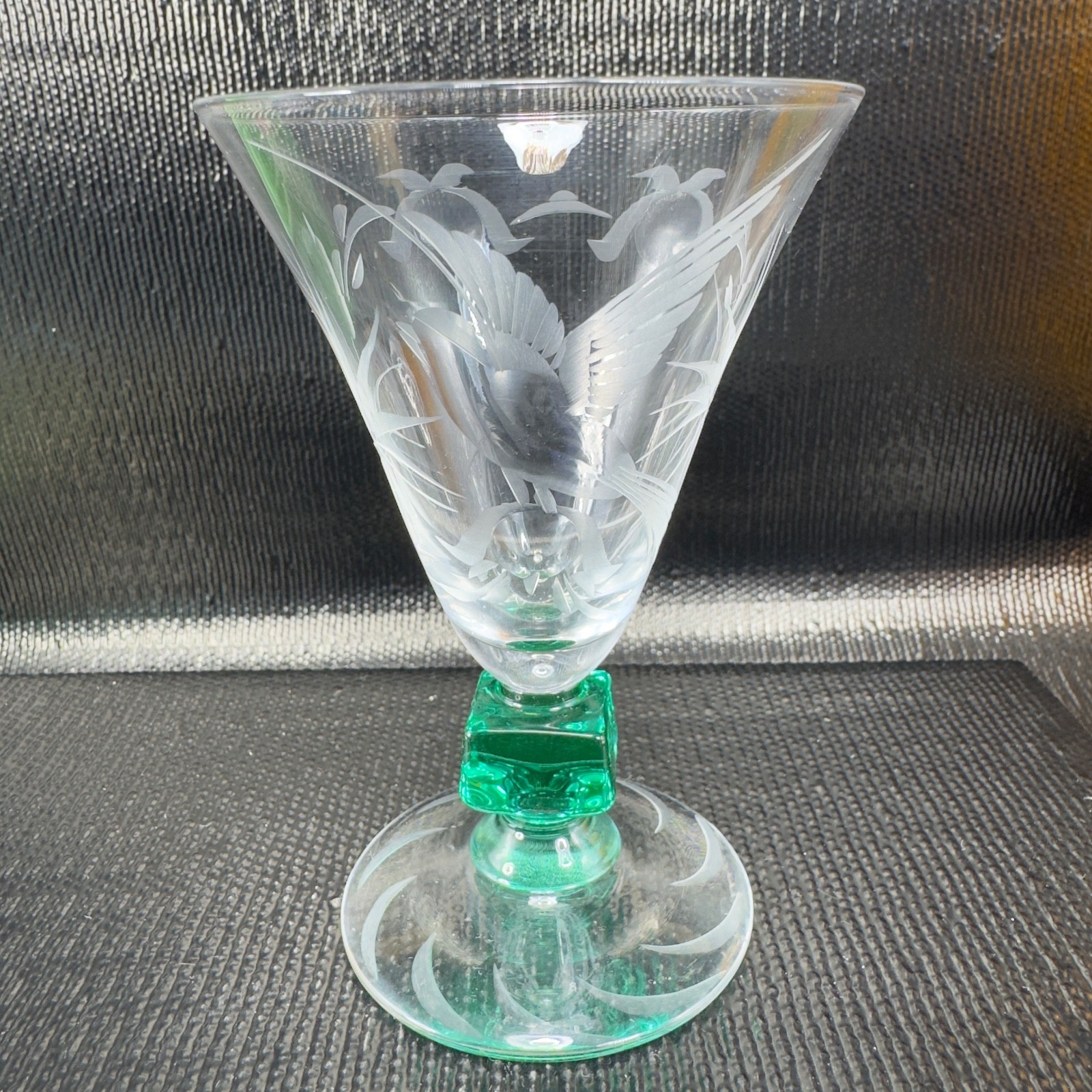 GLASTONBURY LOTUS Bird of Paradise Etched Green Uranium Stem Glass Cup Clear Top
