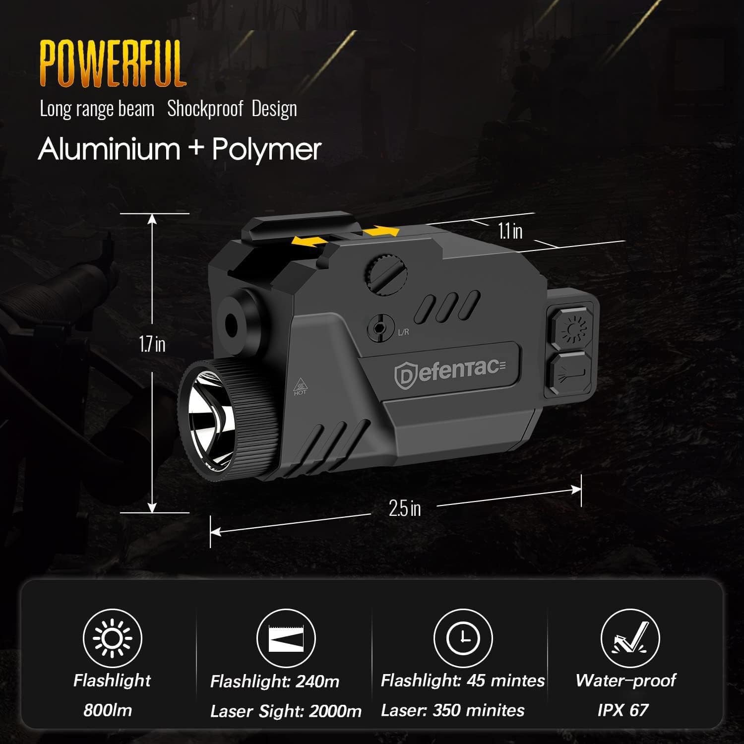 DEFENTAC 800 Lumens Pistol Laser Light Combo with Strobe/Momentary