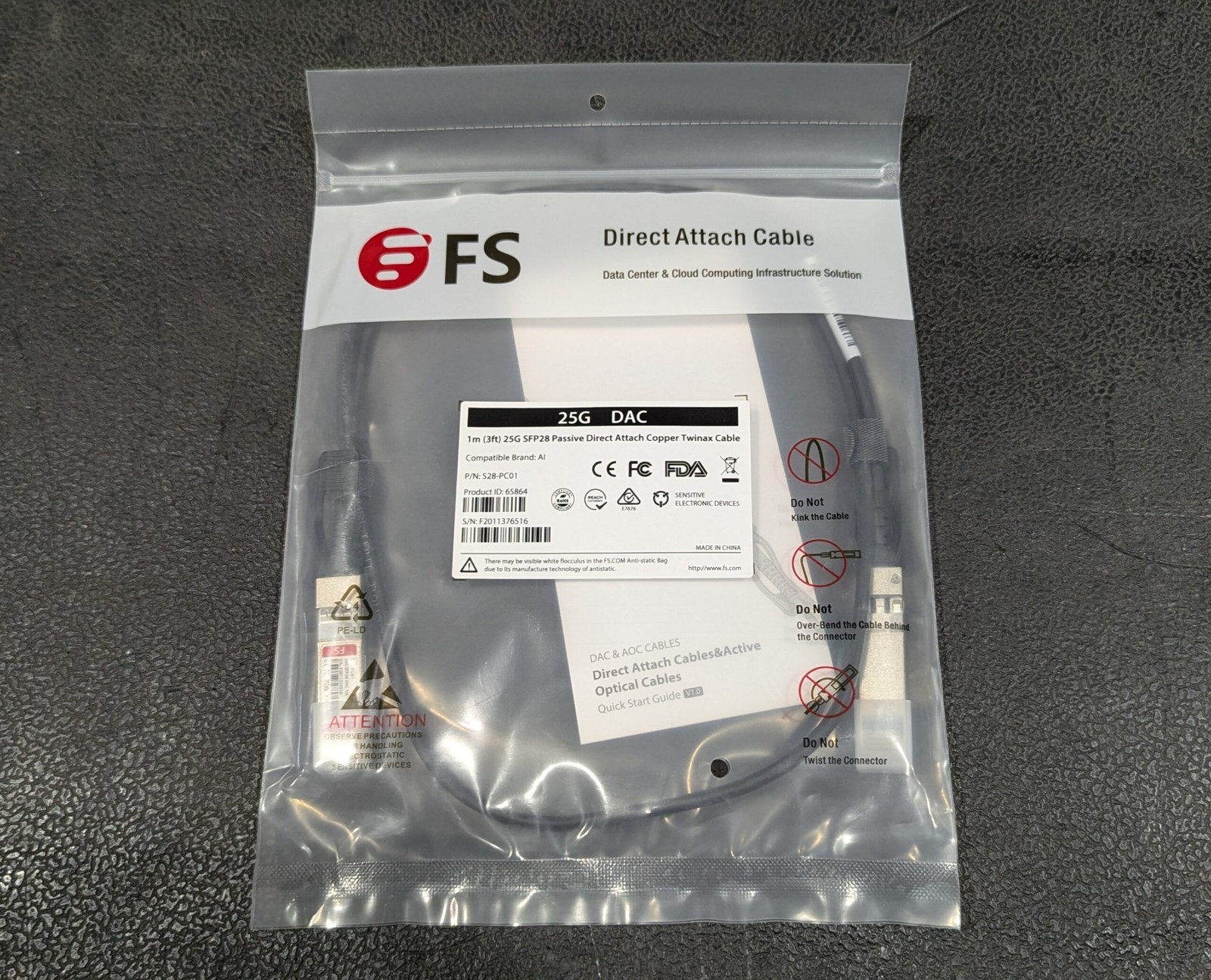 Factory Sealed FS S28-PC01 1M 25G SFP28 Passive DAC Copper Twinax Cable