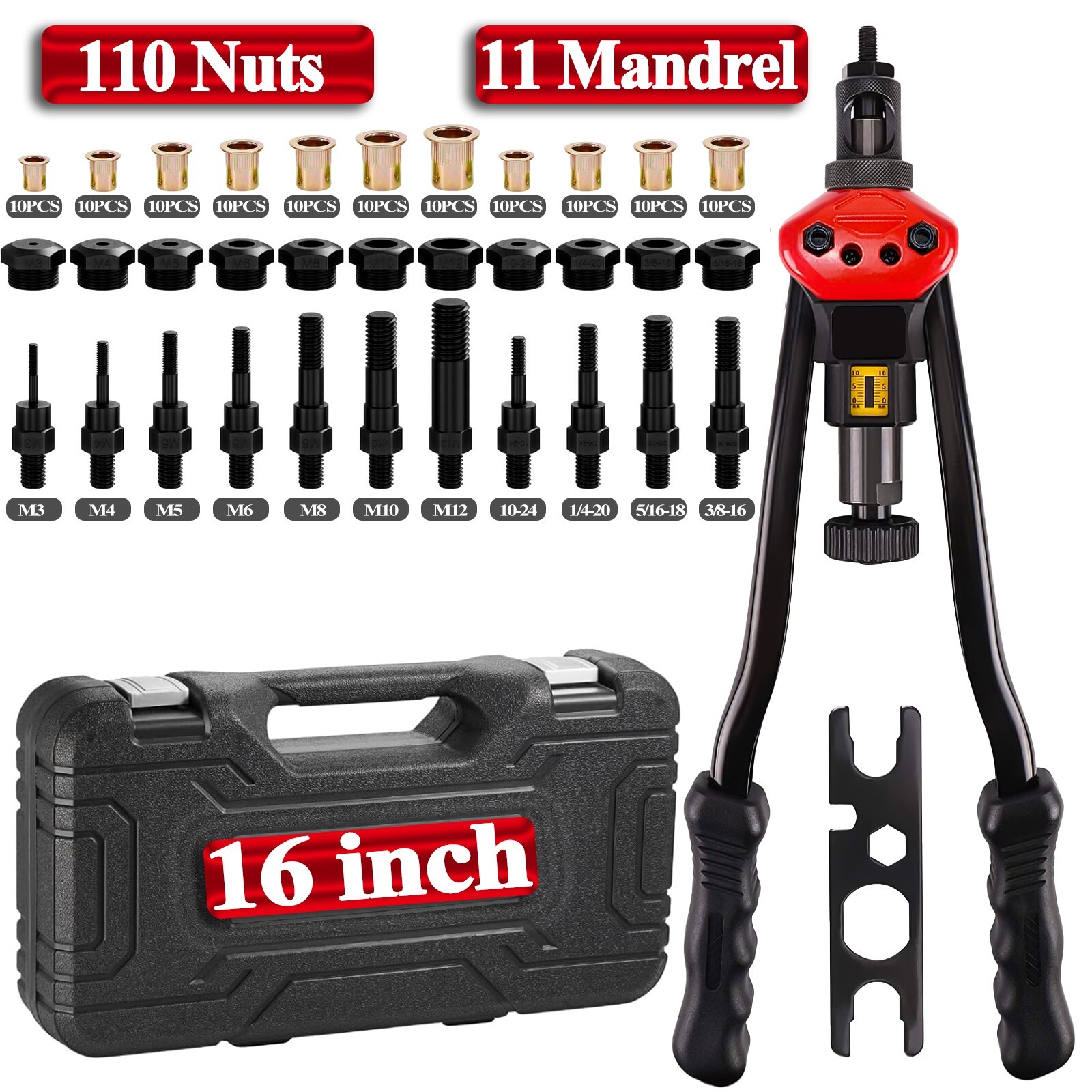 16" Rivet Nut Tool Kit Rivnut Nutsert Setter Thread Insert Manual Riveter 110 Nu