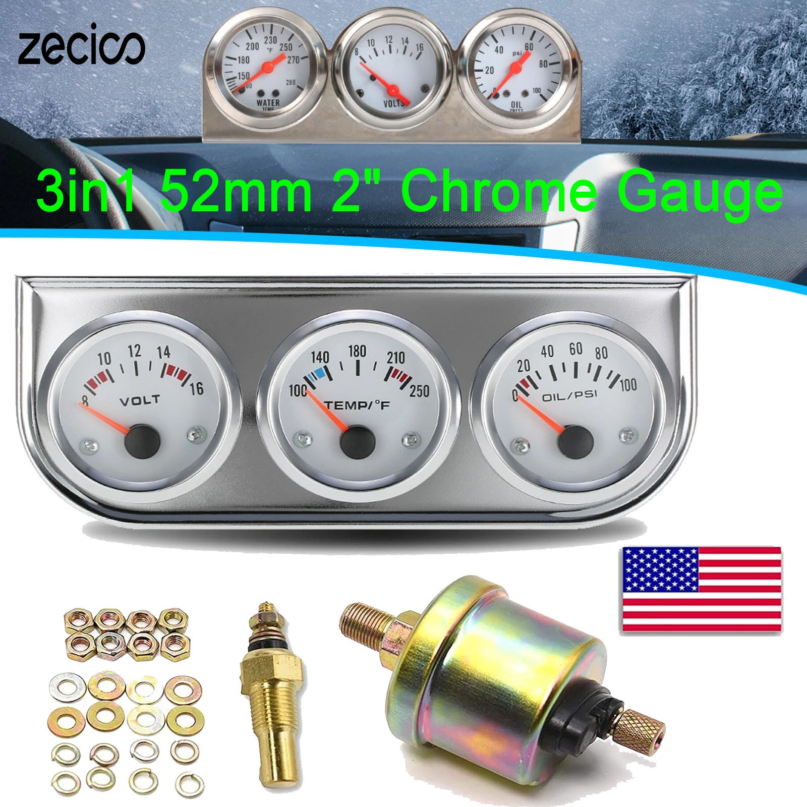 3in1 52mm 2" Chrome Car Triple Gauge Set Kit Water Temp Oil Pressure Volt Meter