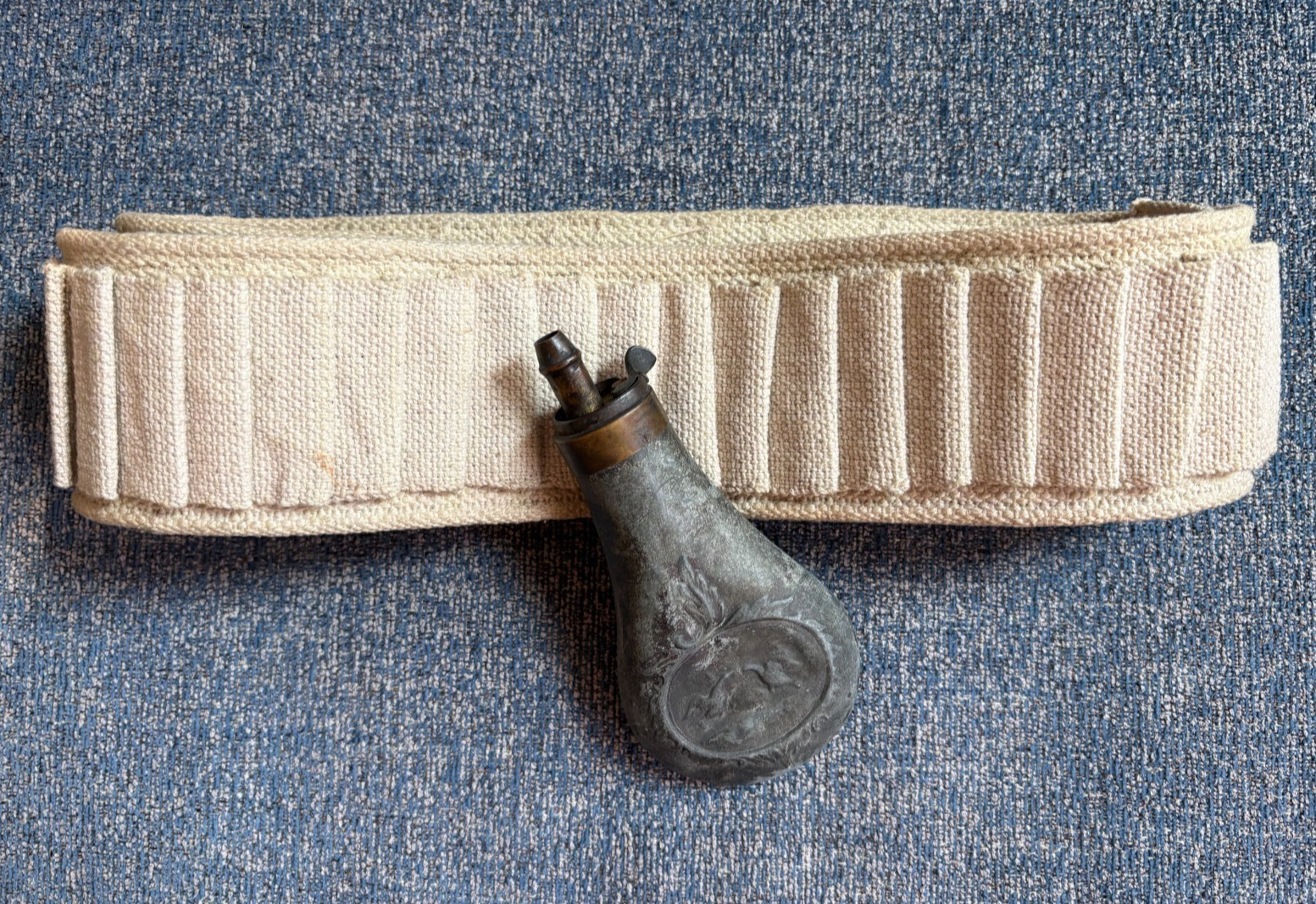 LOT OF 2- ANTIQUE POWDER FLASK & LOOPED AMMO CARTRIDGE BELT BANDOLIER