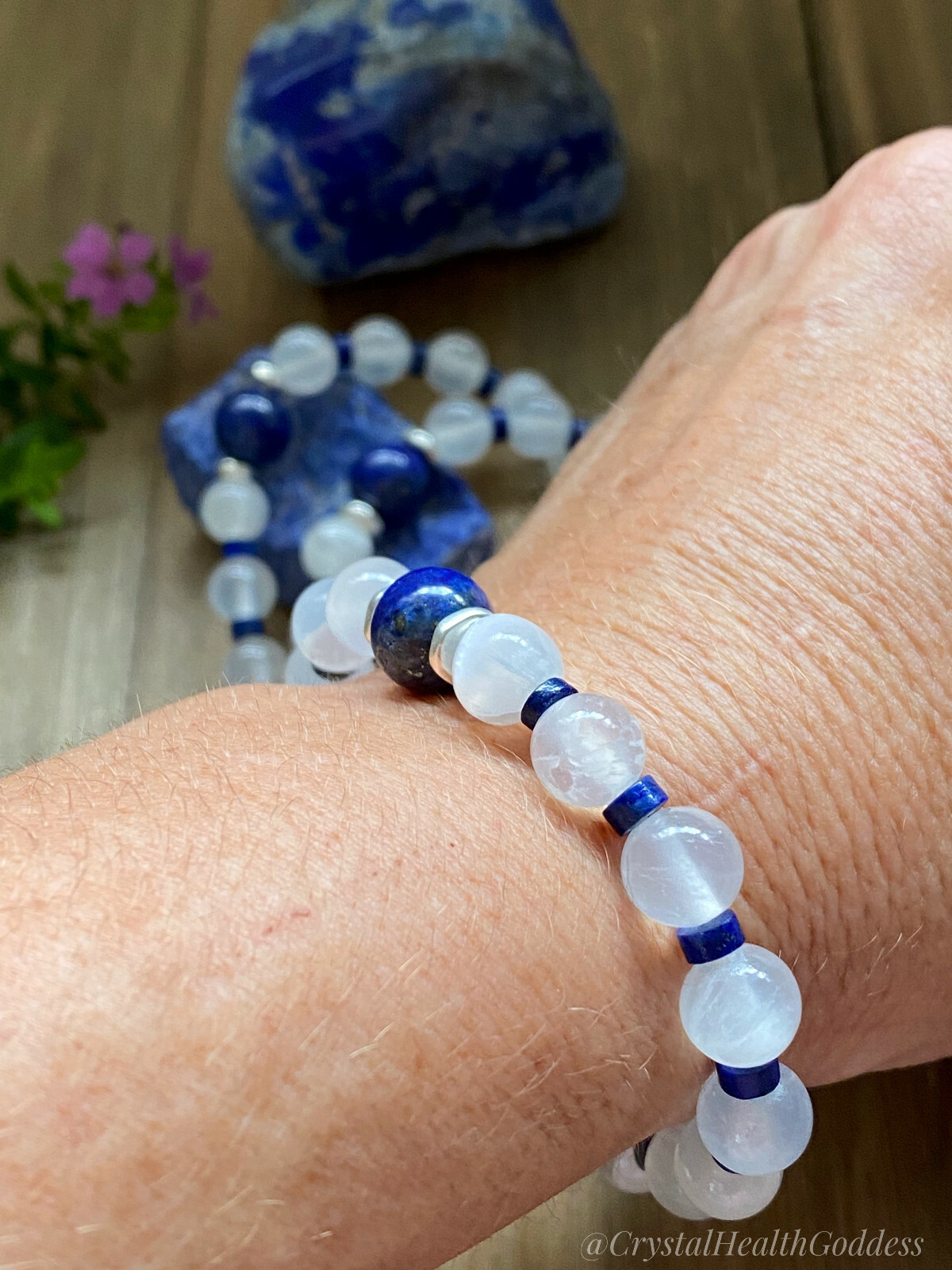 Selenite Lapis Lazuli Bracelet 925 Sterling Silver